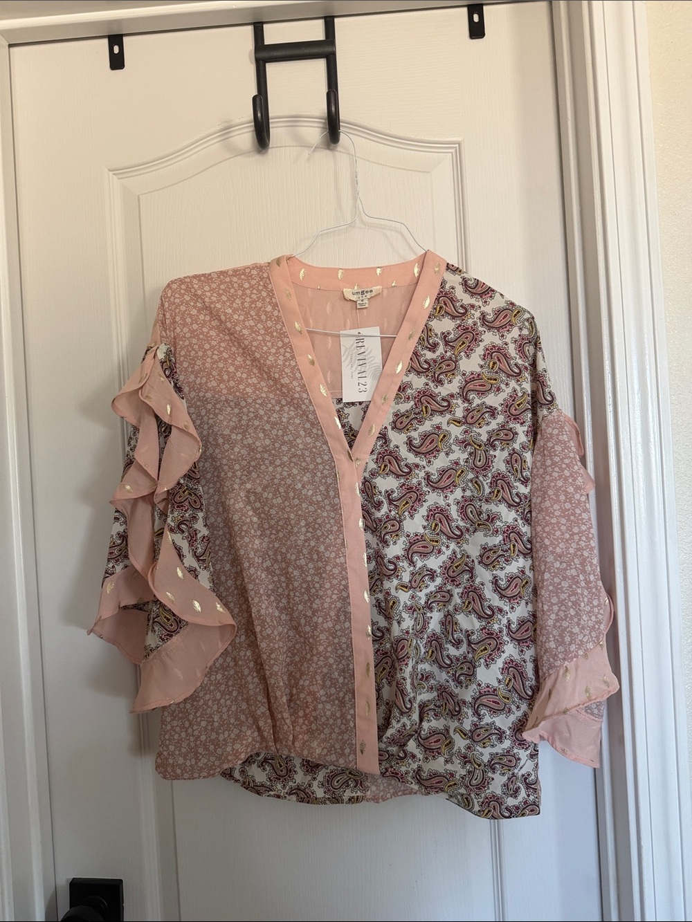 Umgee Pink Paisley & Floral Ruffle Blouse with Gold Dot Trim
